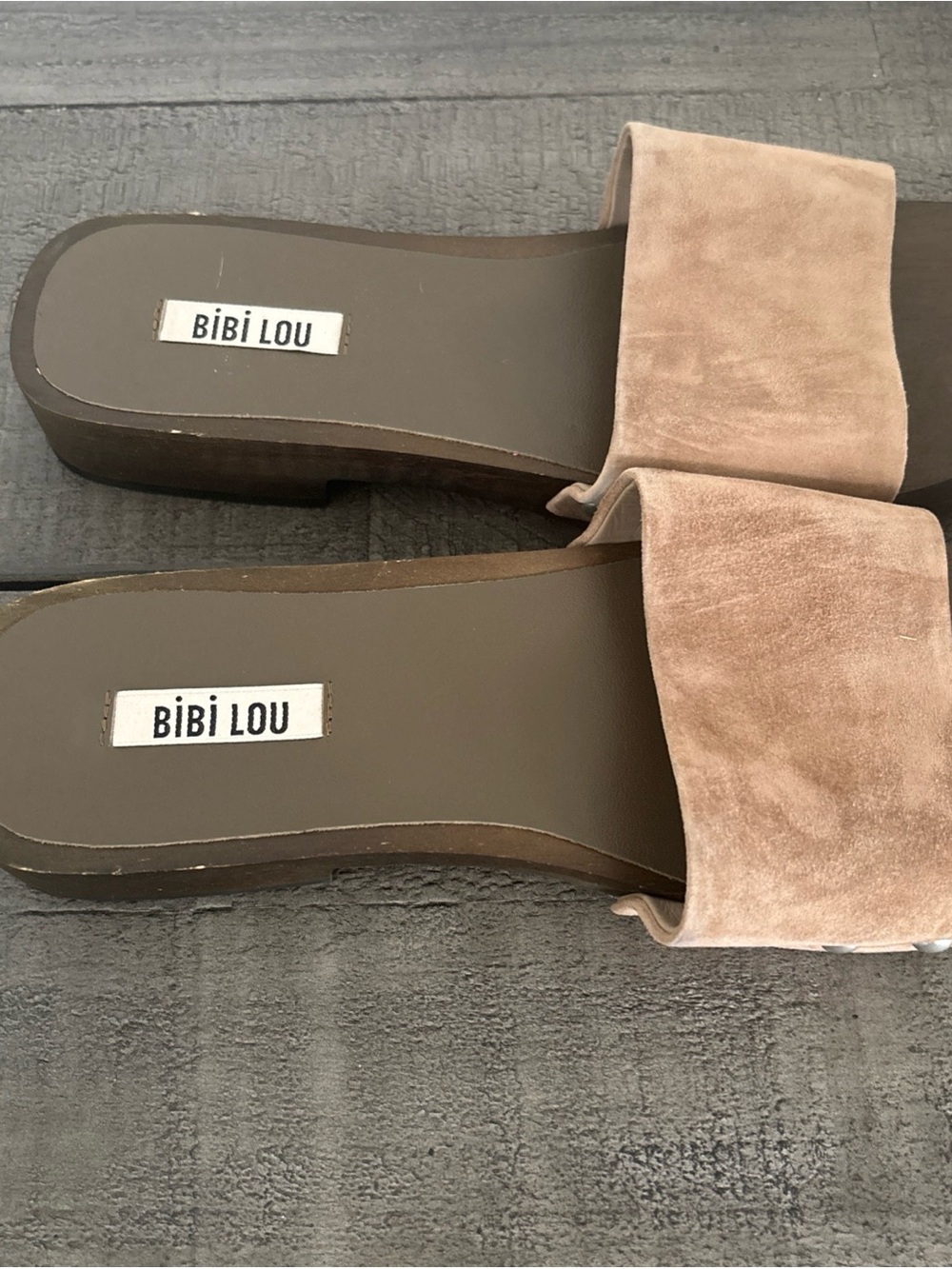 Bibi Lou Anthropology Suede Slide Mules in taupe